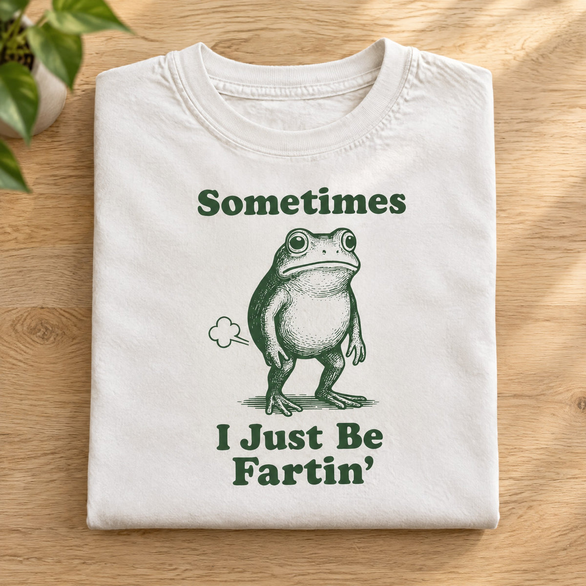 Folded white Comfort Colors tee with Sometimes I Just Be Fartin frog print