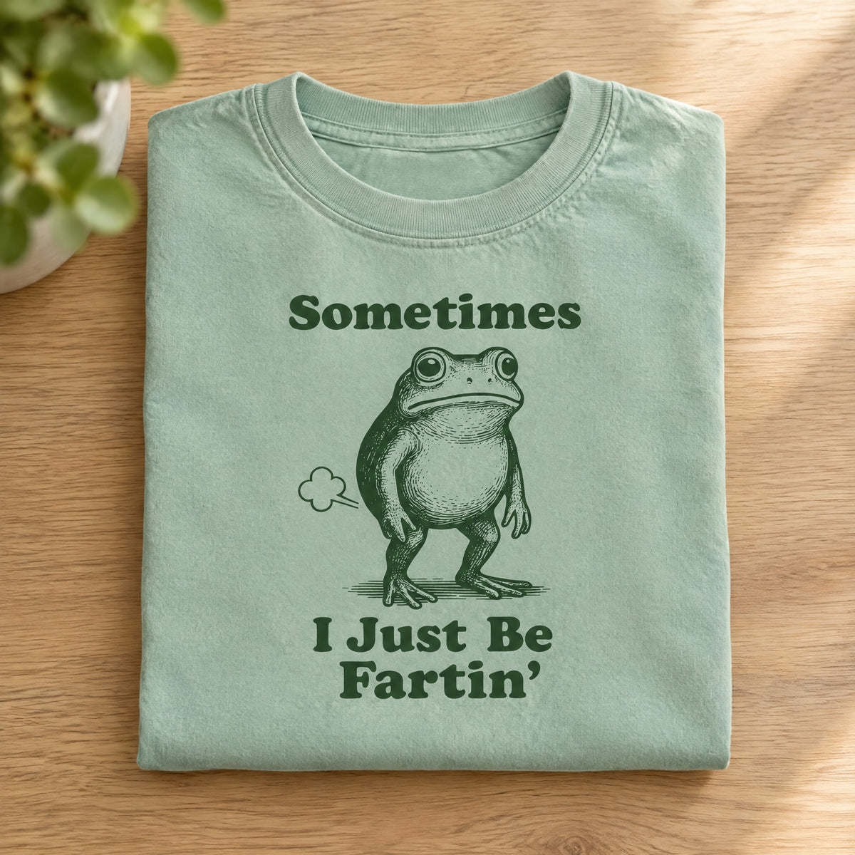 Folded Seafoam Comfort Colors tee with Sometimes I Just Be Fartin frog print