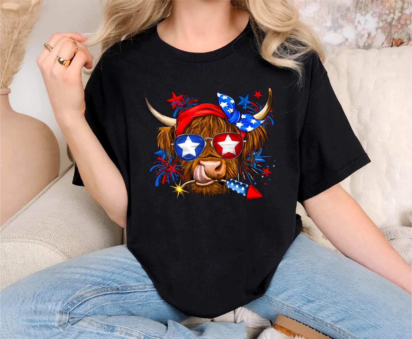 Patriotic Highland Cow Comfort Colors T-Shirt