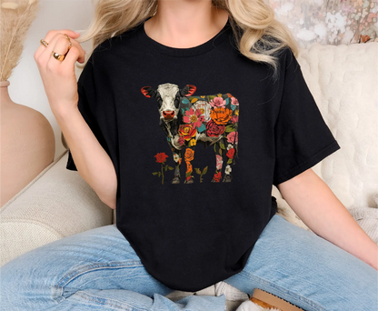 Floral Rose Cow Comfort Colors T-Shirt