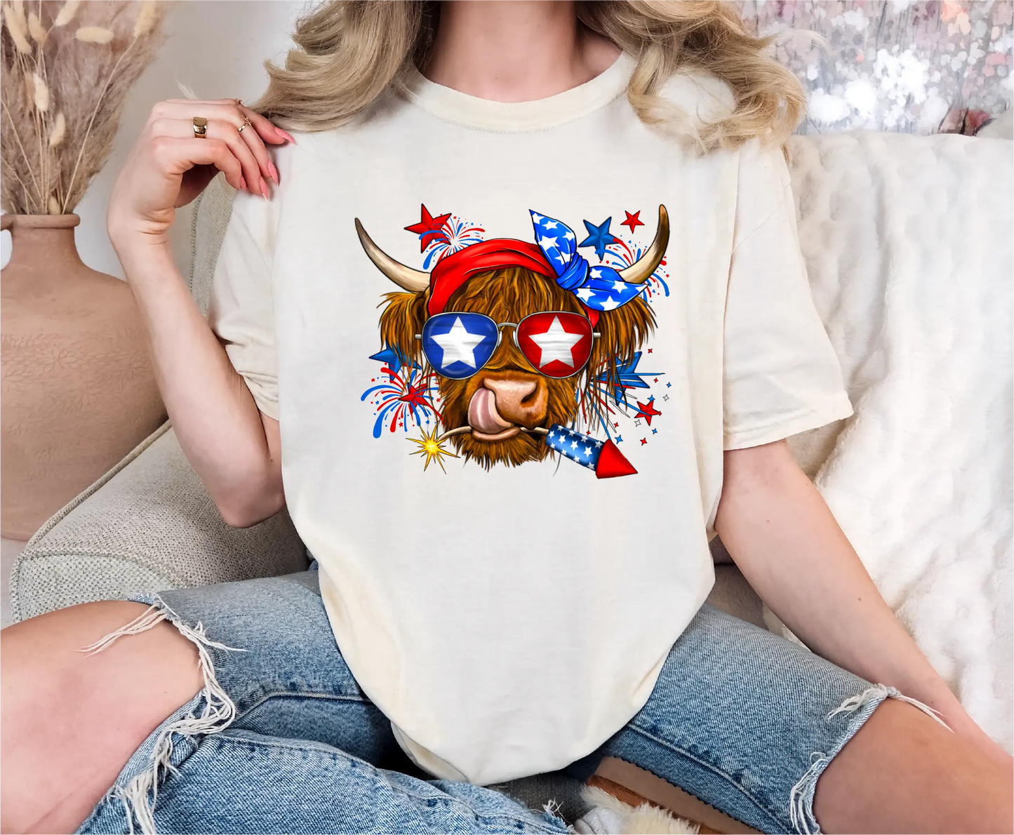 Patriotic Highland Cow Comfort Colors T-Shirt