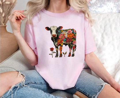 Floral Rose Cow Comfort Colors T-Shirt