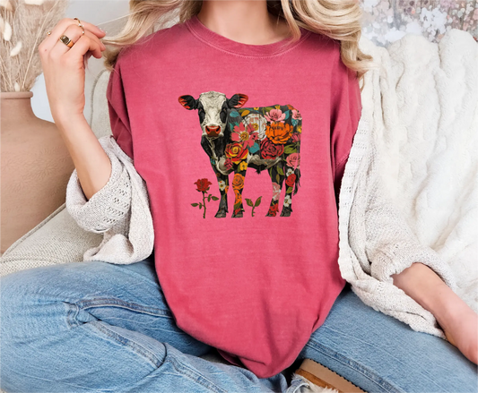 Floral Rose Cow Comfort Colors T-Shirt