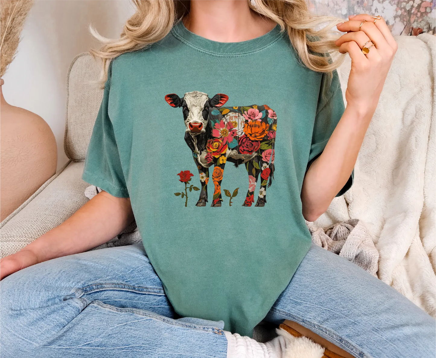 Floral Rose Cow Comfort Colors T-Shirt