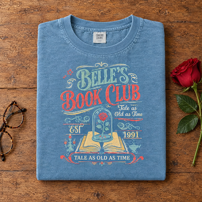 Tale as old as time book club tee in Chambray, folded with reading glasses and a rose