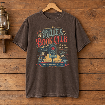 Belle's Book Club Comfort Colors shirt in Espresso on a wooden hanger