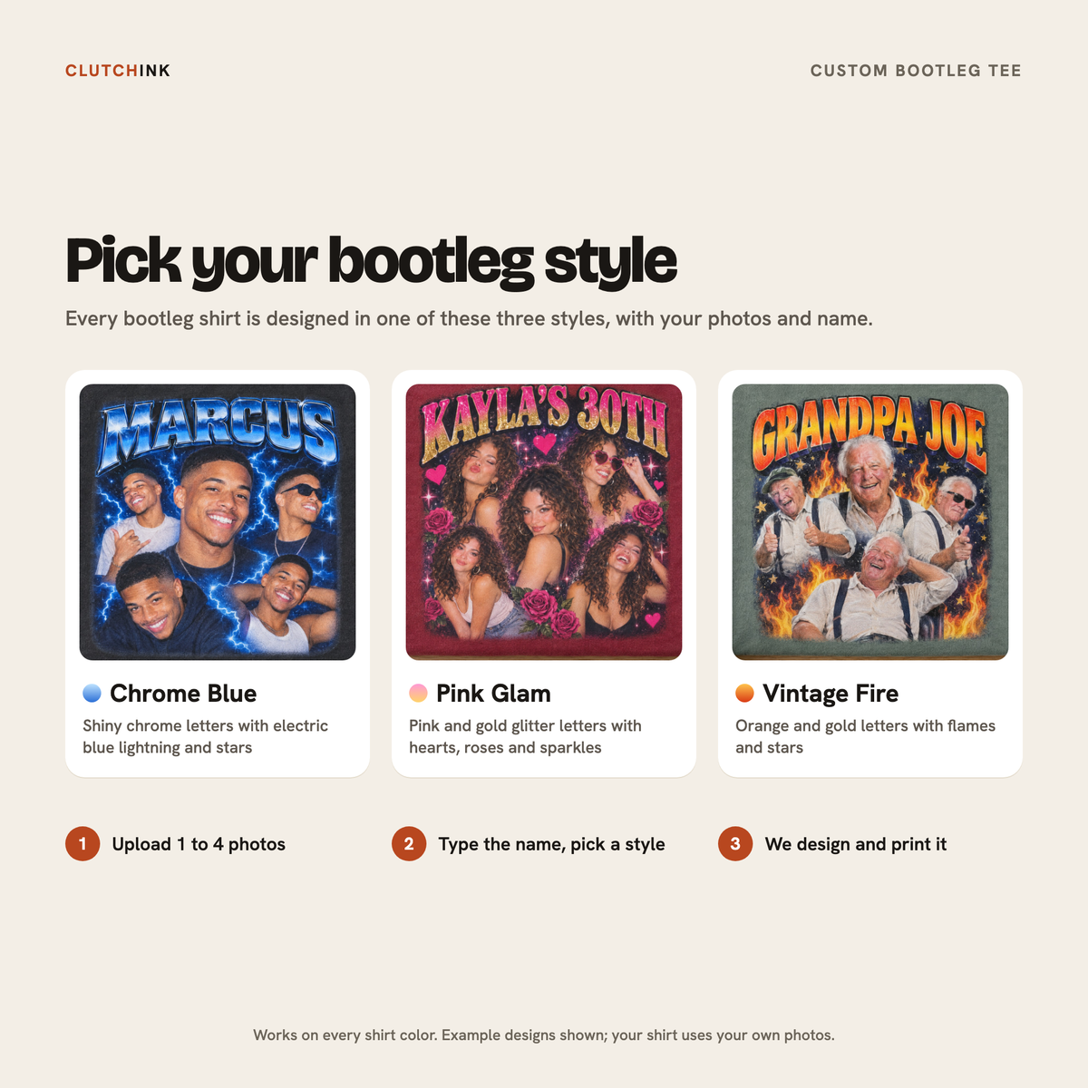 Custom bootleg shirt style chart: Chrome Blue, Pink Glam and Vintage Fire 90s photo collage styles
