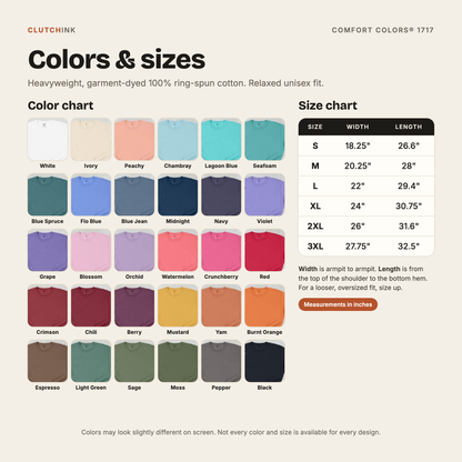 Comfort Colors 1717 t-shirt color chart with real shirt photos and size chart