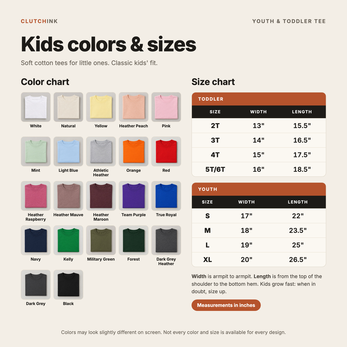 ClutchInk youth and toddler t-shirt color chart with 22 colors and size chart for 2T to 5T/6T and youth S to XL