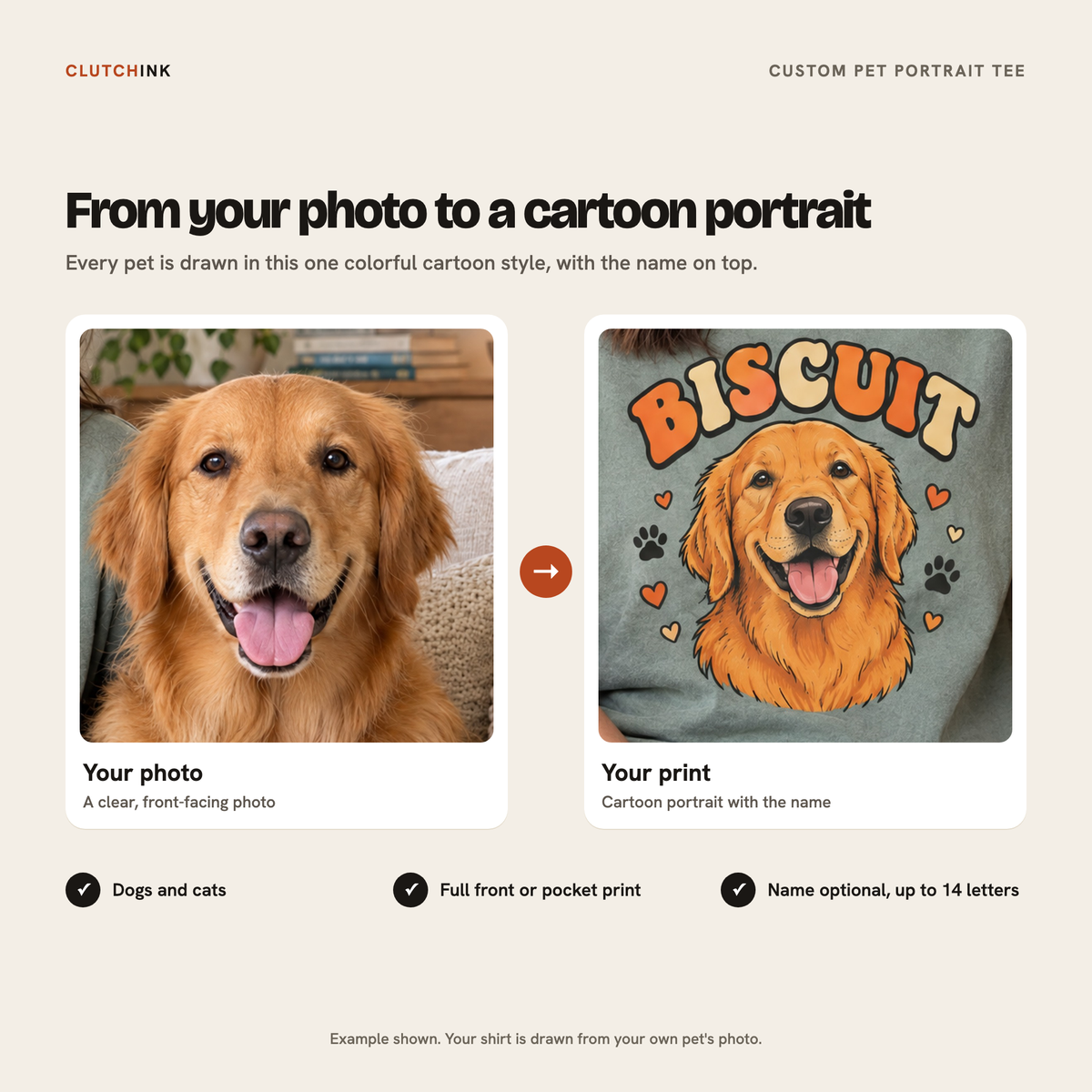 How the custom pet portrait works: your pet photo turned into a colorful cartoon portrait with the name on top, one cartoon style for every pet