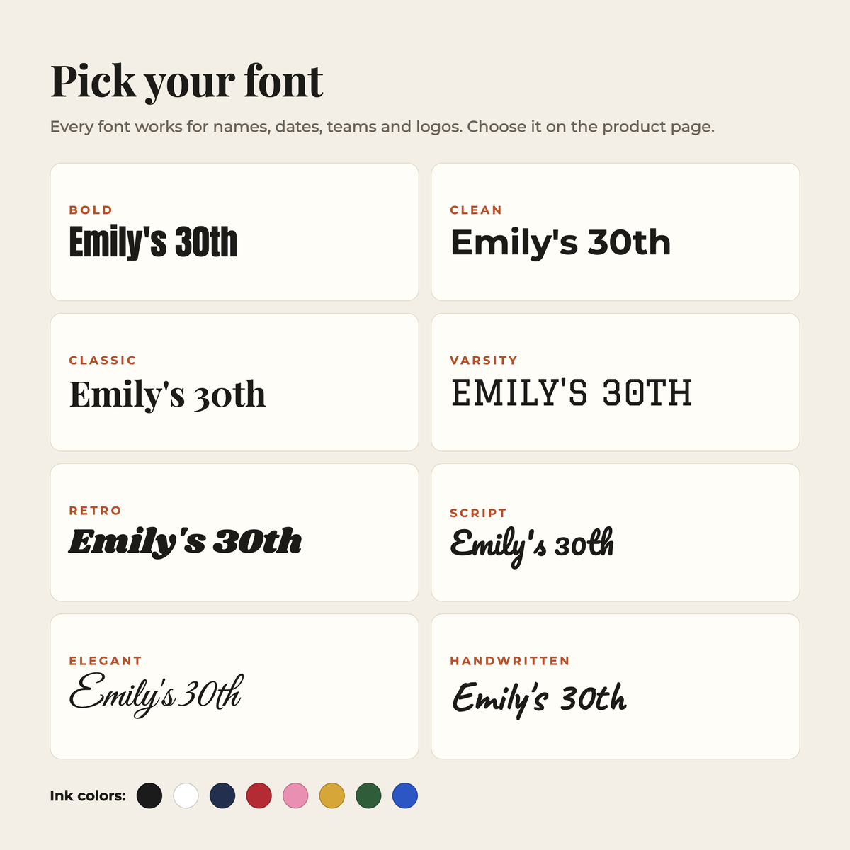 Font options for custom text shirts: Bold, Clean, Classic, Varsity, Retro, Script, Elegant and Handwritten, with eight ink colors