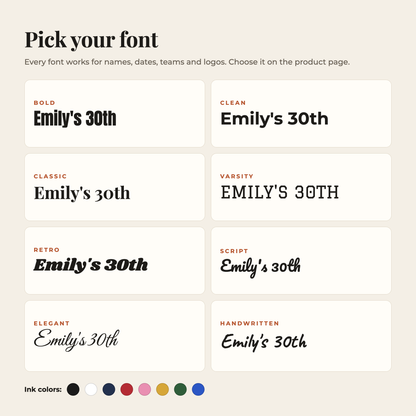 Font options for custom text shirts: Bold, Clean, Classic, Varsity, Retro, Script, Elegant and Handwritten, with eight ink colors