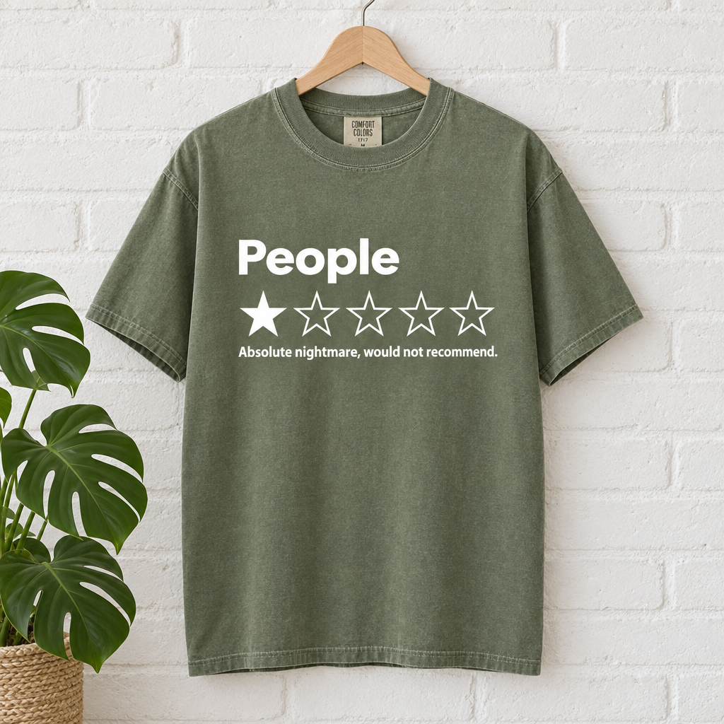 Funny introvert one star review Comfort Colors tee in Moss on a hanger