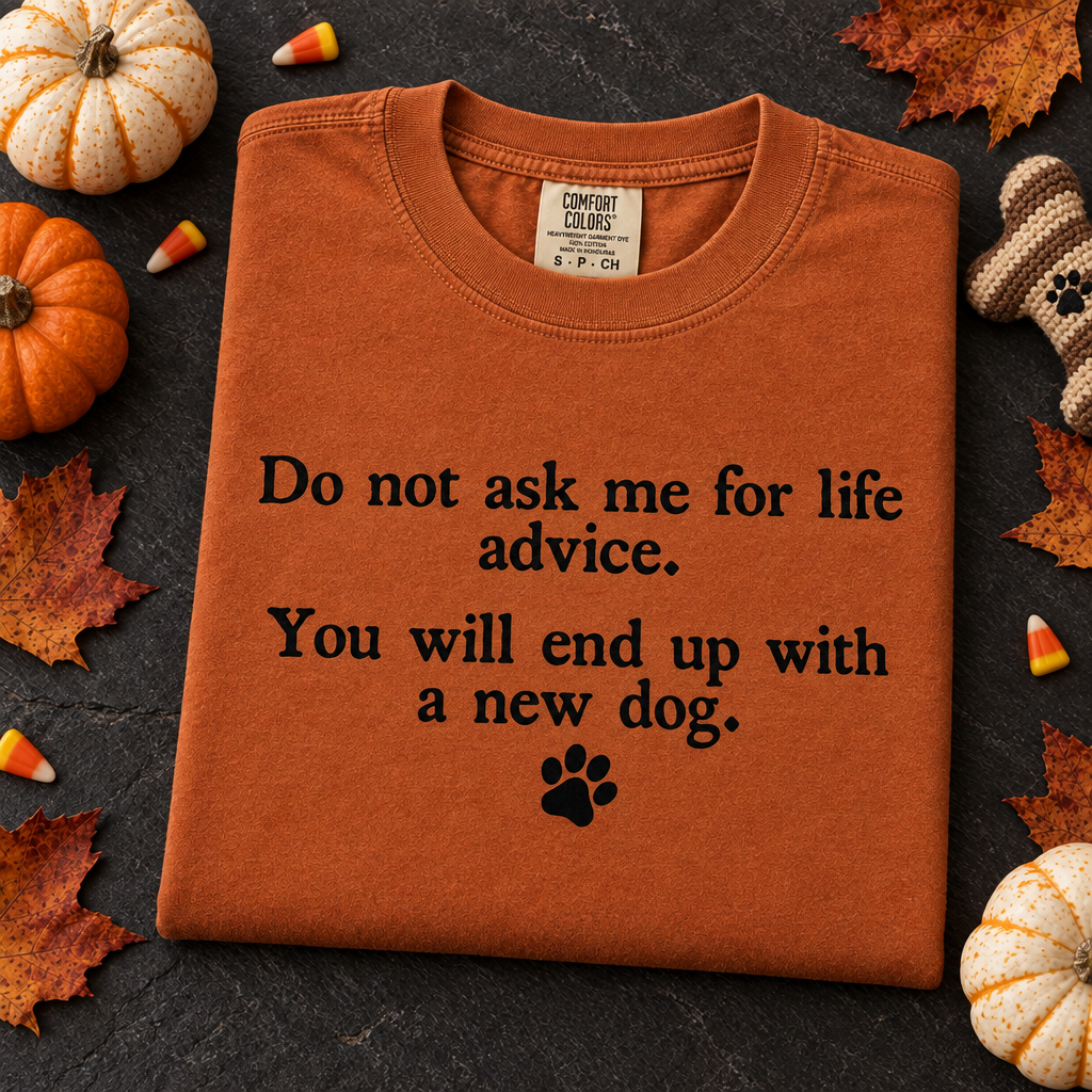 Dog lover gift Comfort Colors tee in Yam, folded with pumpkins and a dog toy