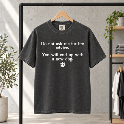 Do Not Ask Me For Life Advice Comfort Colors shirt in Pepper on a boutique clothing rack