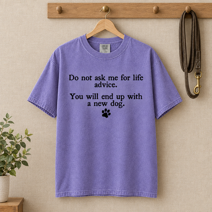 Funny dog owner Comfort Colors shirt in Violet on a hanger with a dog leash