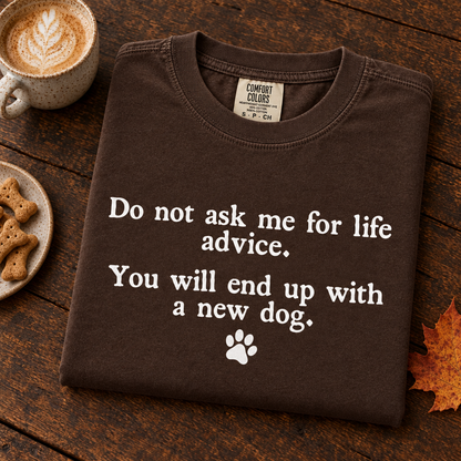 Funny dog mom Comfort Colors tee in Espresso, folded with a latte and dog biscuits