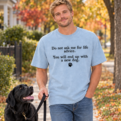 Man in a Chambray Comfort Colors dog dad shirt walking his black labrador
