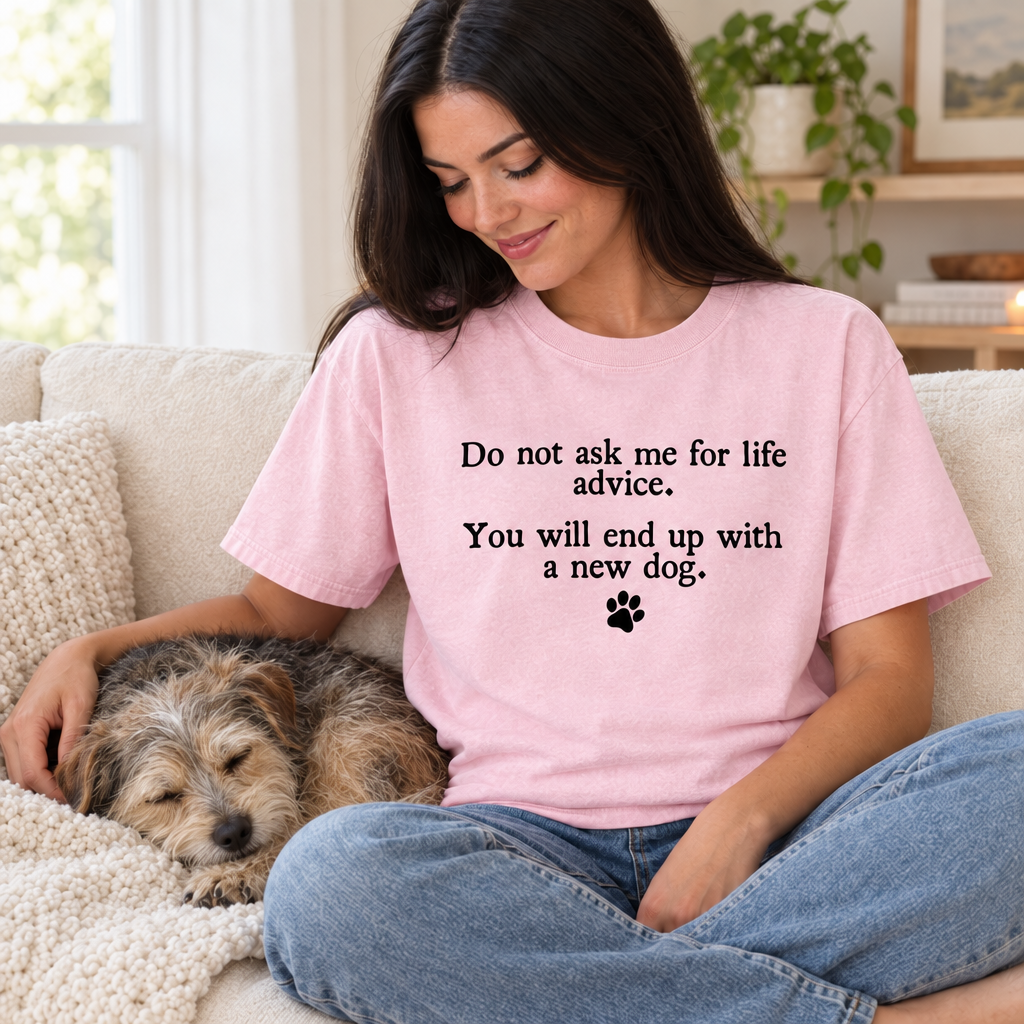 Woman in a Blossom pink Comfort Colors dog lover shirt on the sofa with her sleeping terrier
