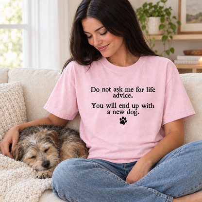 Woman in a Blossom pink Comfort Colors dog lover shirt on the sofa with her sleeping terrier