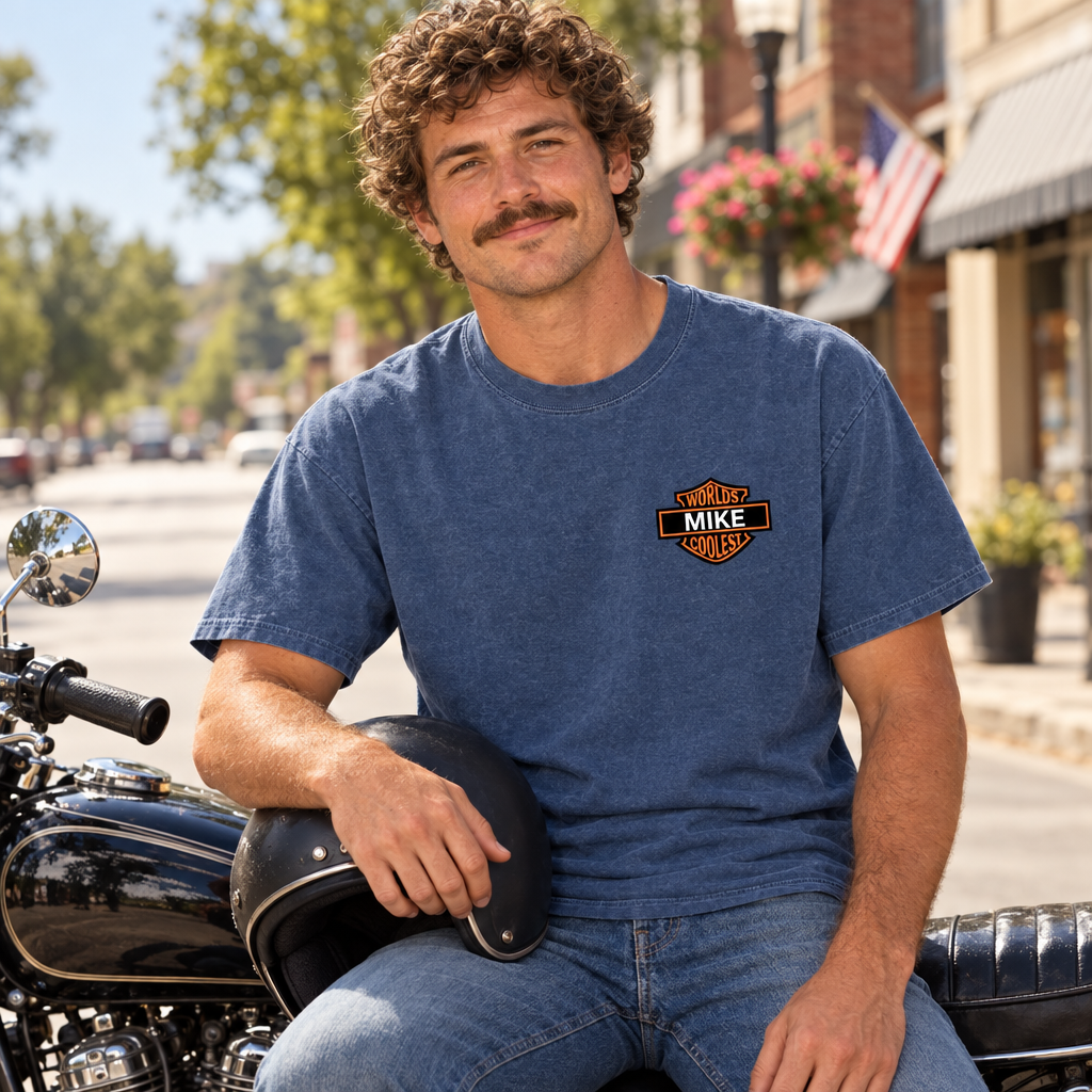 Man on a vintage motorcycle wearing a Blue Jean Worlds Coolest Mike custom name shirt