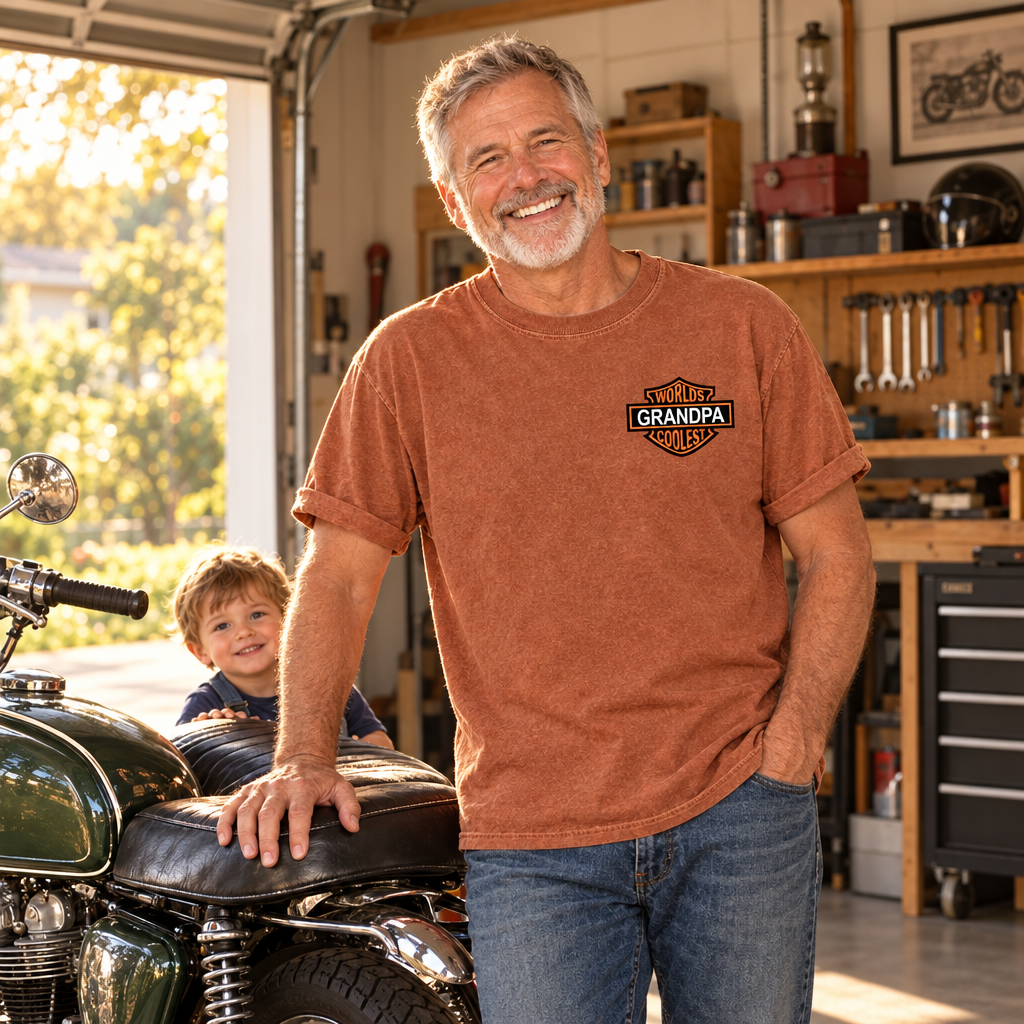 Grandpa in a Yam Comfort Colors Worlds Coolest Grandpa personalized shirt next to a vintage motorcycle