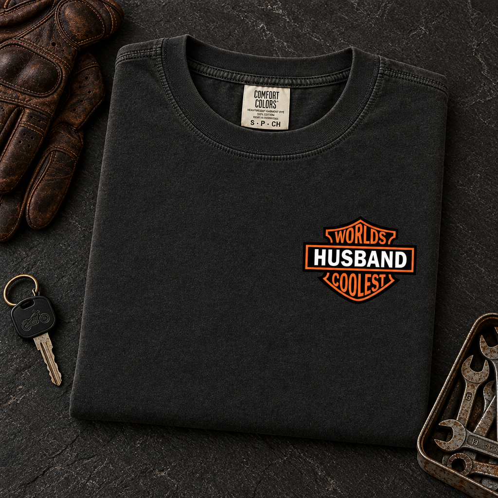 Worlds Coolest Husband personalized Comfort Colors tee in Black, folded with riding gloves