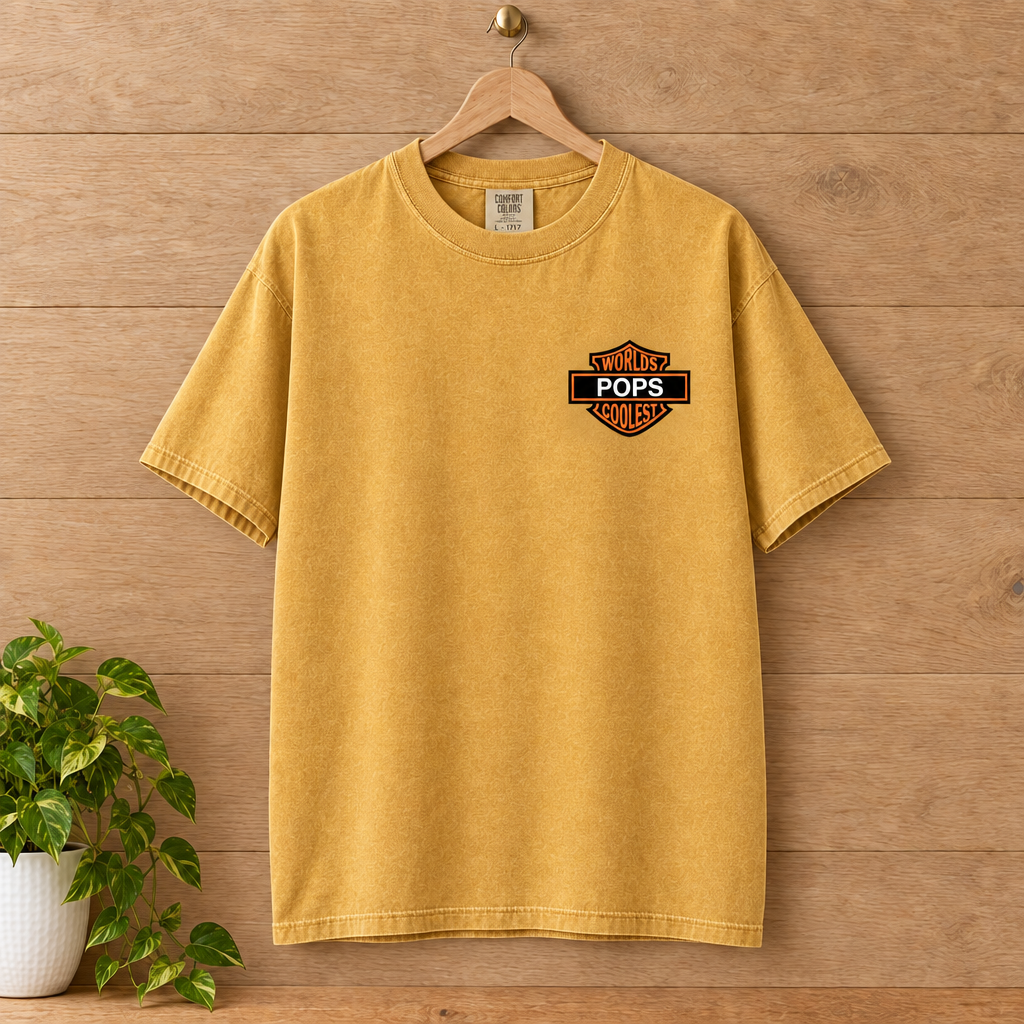 Worlds Coolest Pops custom Comfort Colors shirt in Mustard on a hanger