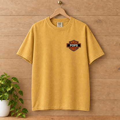 Worlds Coolest Pops custom Comfort Colors shirt in Mustard on a hanger