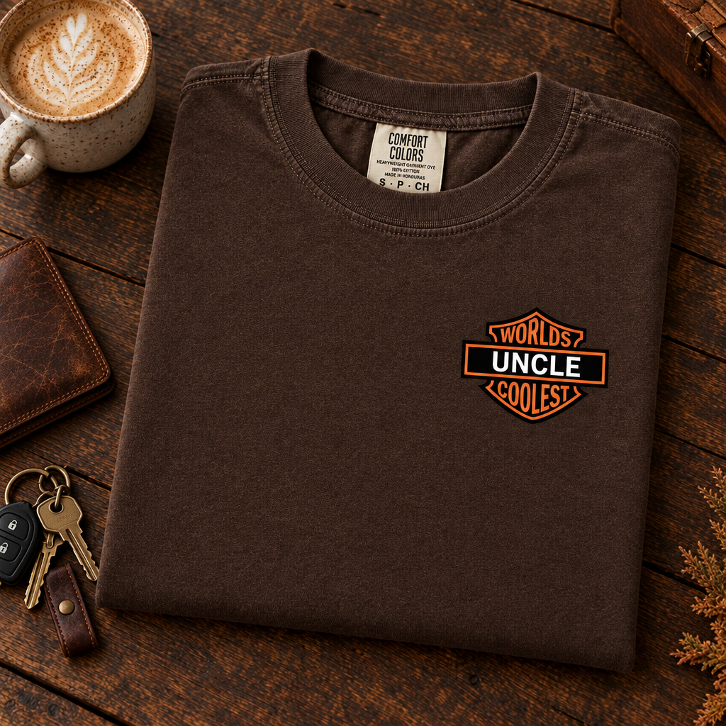 Worlds Coolest Uncle personalized Comfort Colors tee in Espresso, folded