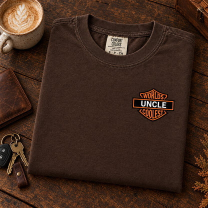Worlds Coolest Uncle personalized Comfort Colors tee in Espresso, folded