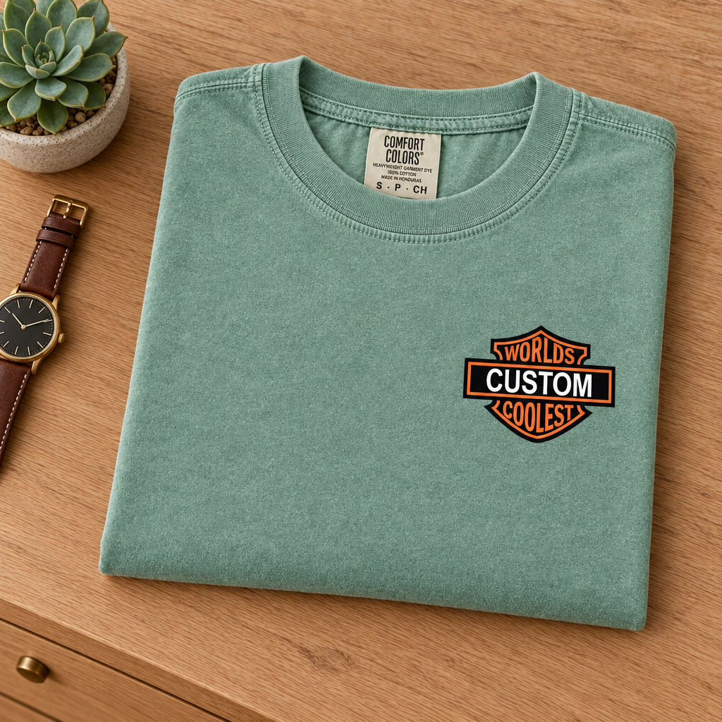 Worlds Coolest custom name Comfort Colors tee in Light Green, folded