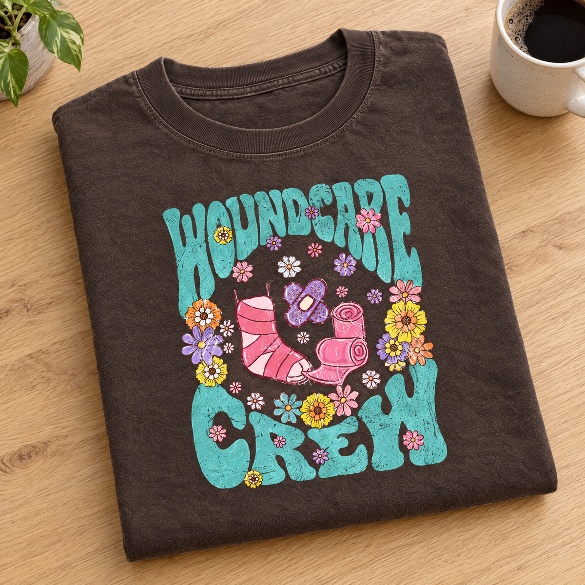 Wound Care Crew Comfort Colors tee in Espresso, neatly folded