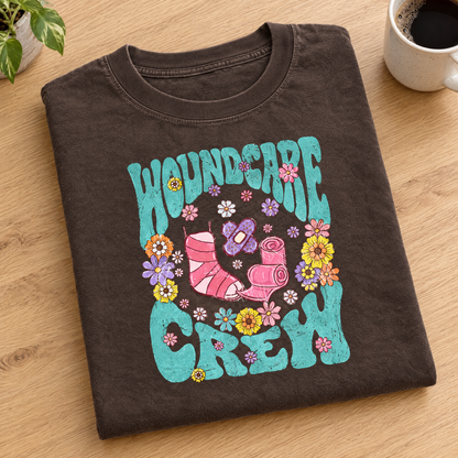 Wound Care Crew Comfort Colors tee in Espresso, neatly folded