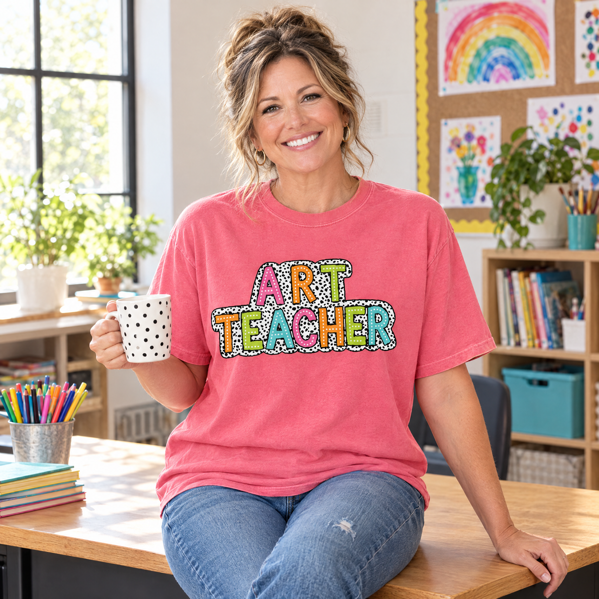 Teacher wearing a Watermelon Comfort Colors Art Teacher shirt sitting on a classroom desk with a coffee mug