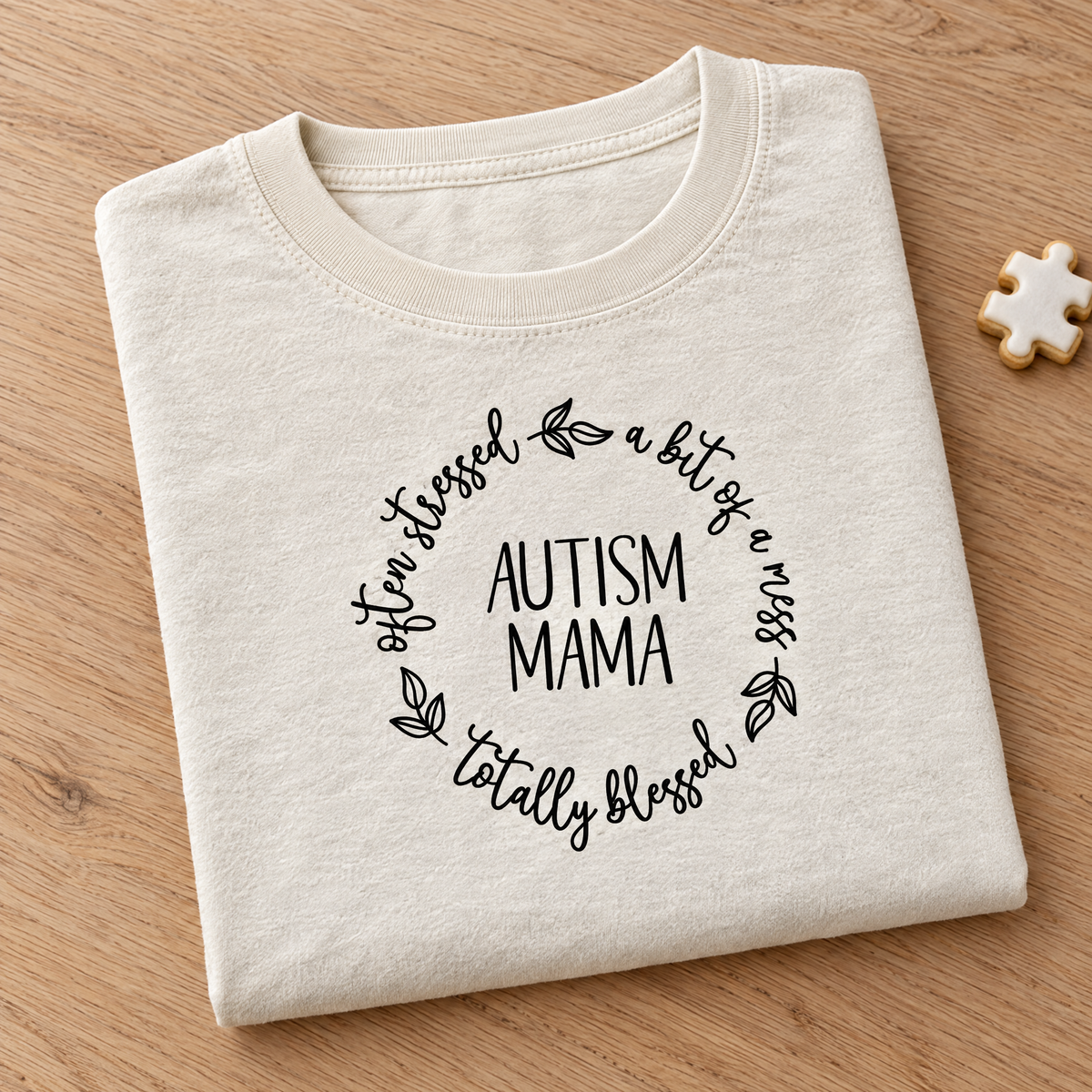Autism Mama Comfort Colors tee in Ivory, neatly folded