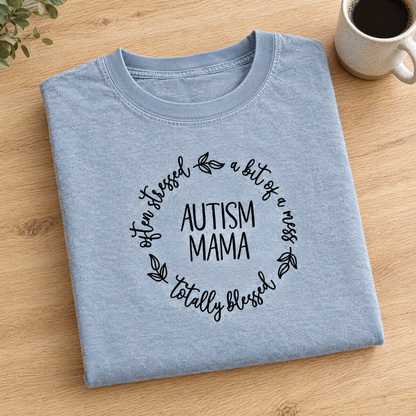 Autism Mama Comfort Colors tee in Chambray, neatly folded