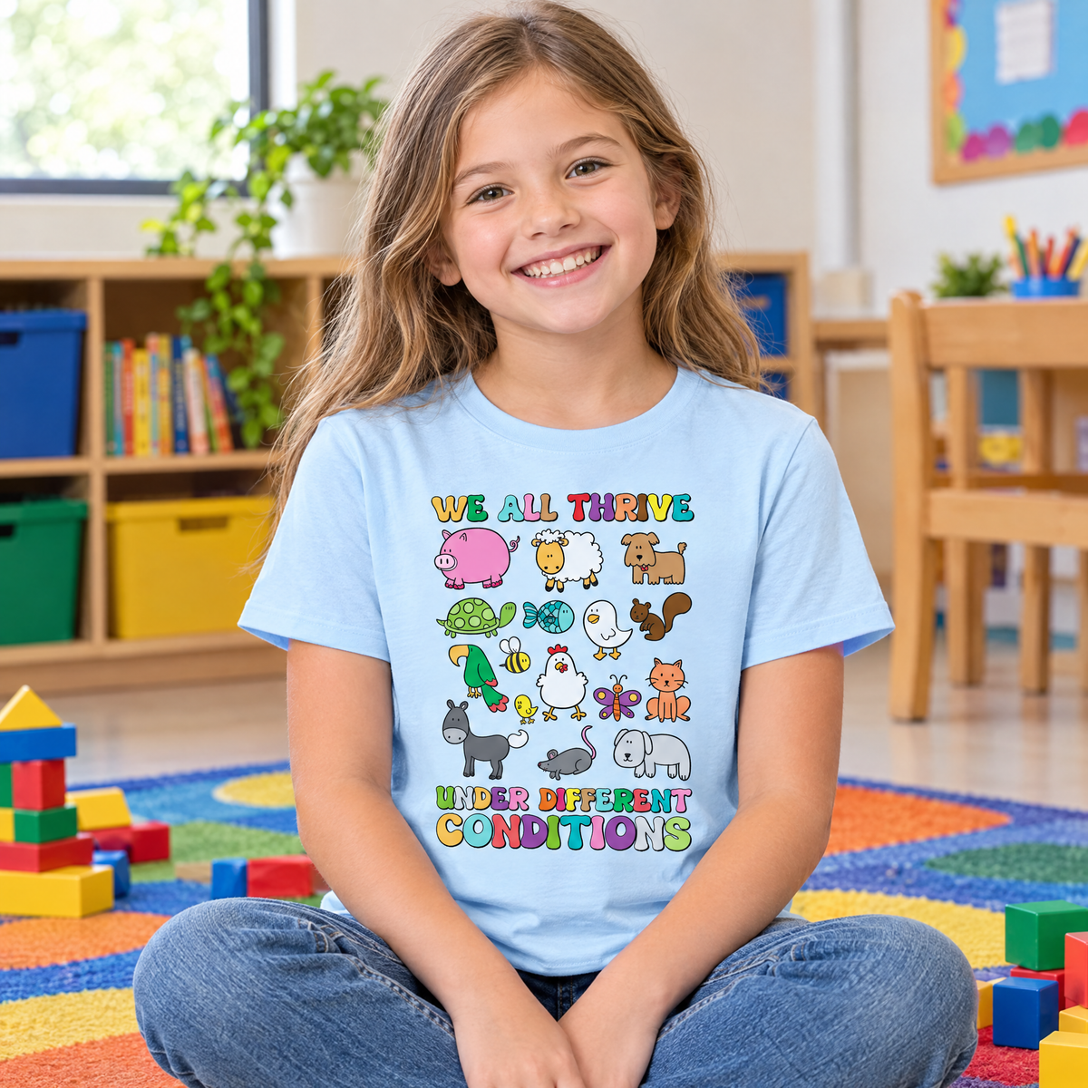 Girl wearing a light blue youth We All Thrive Under Different Conditions tee on a classroom rug
