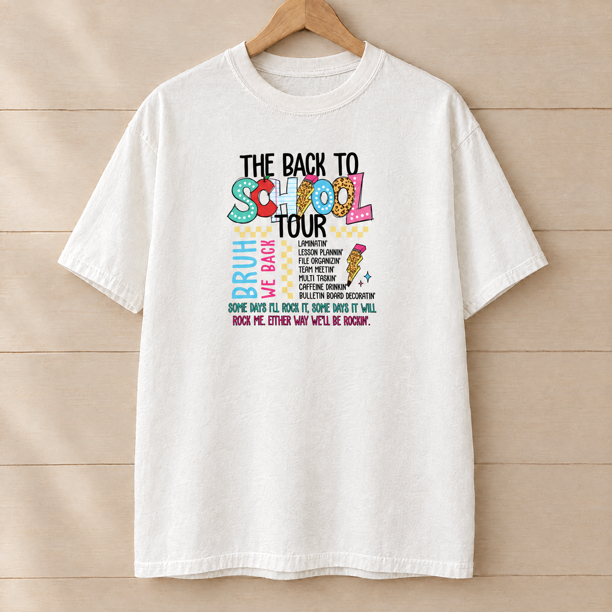 Back to School Tour Comfort Colors shirt in White on a wooden hanger