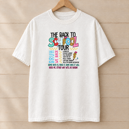 Back to School Tour Comfort Colors shirt in White on a wooden hanger