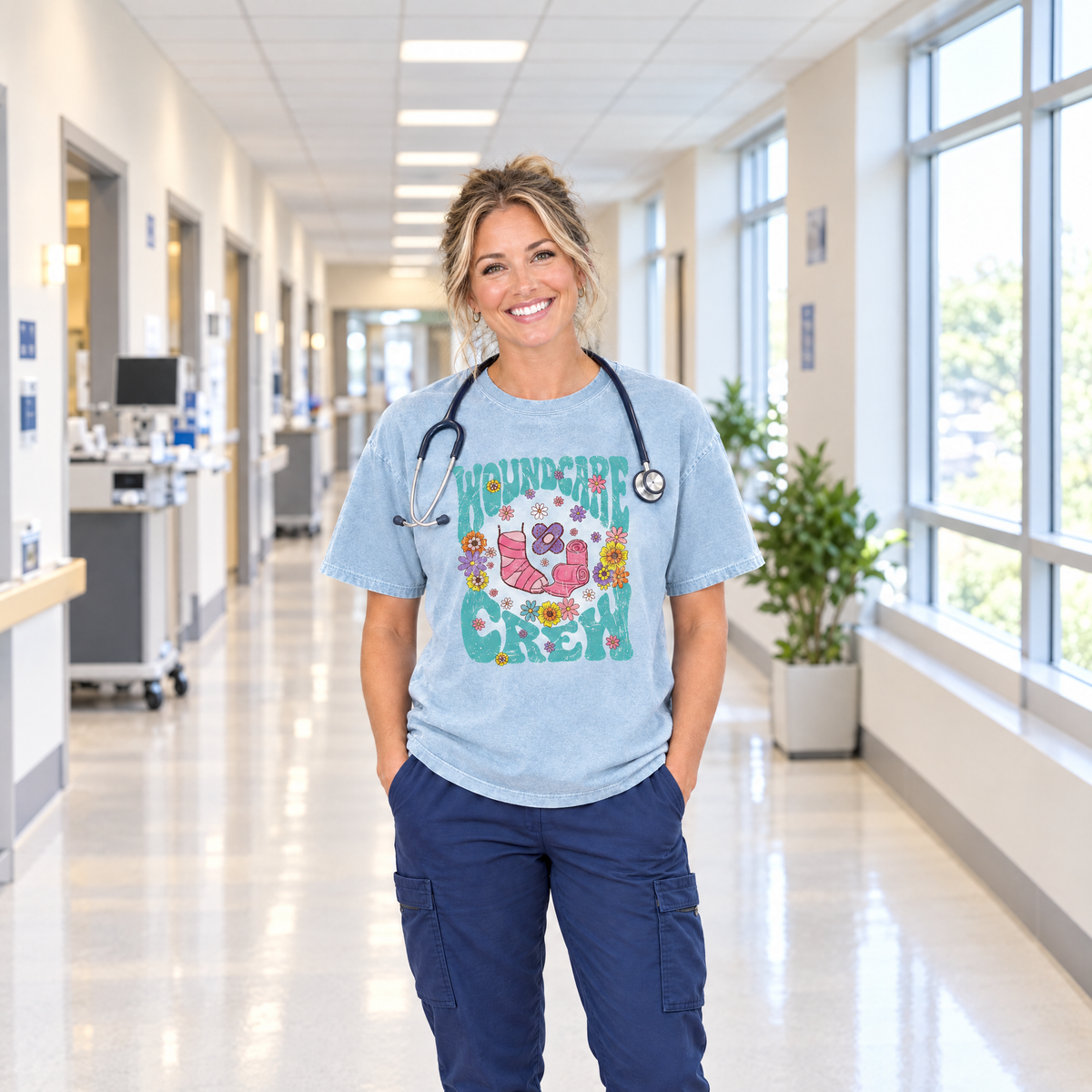 Woman nurse wearing a Chambray Comfort Colors Wound Care Crew shirt with a stethoscope in a hospital hallway