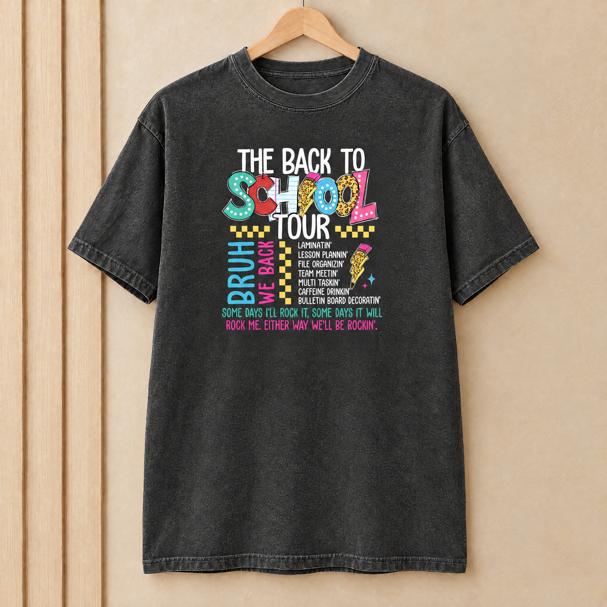 Back to School Tour Comfort Colors shirt in Pepper on a wooden hanger