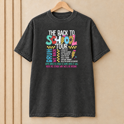 Back to School Tour Comfort Colors shirt in Pepper on a wooden hanger