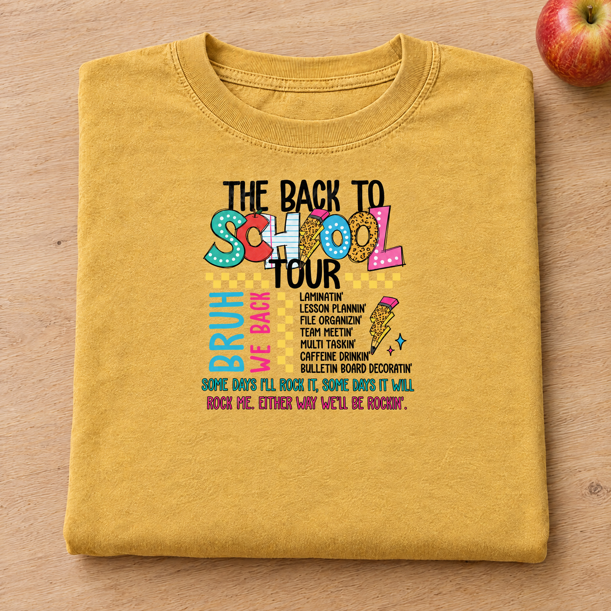 Back to School Tour Comfort Colors tee in Mustard, neatly folded