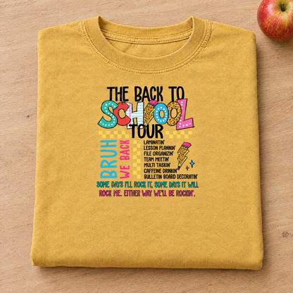 Back to School Tour Comfort Colors tee in Mustard, neatly folded