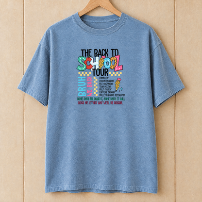 Back to School Tour Comfort Colors shirt in Chambray on a wooden hanger