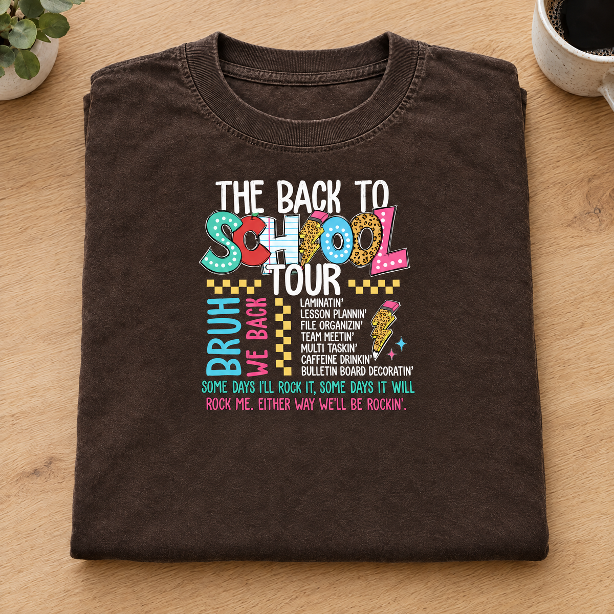 Back to School Tour Comfort Colors tee in Espresso, neatly folded