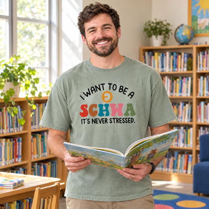 I Want To Be A Schwa shirt in Sage Comfort Colors, worn by a model