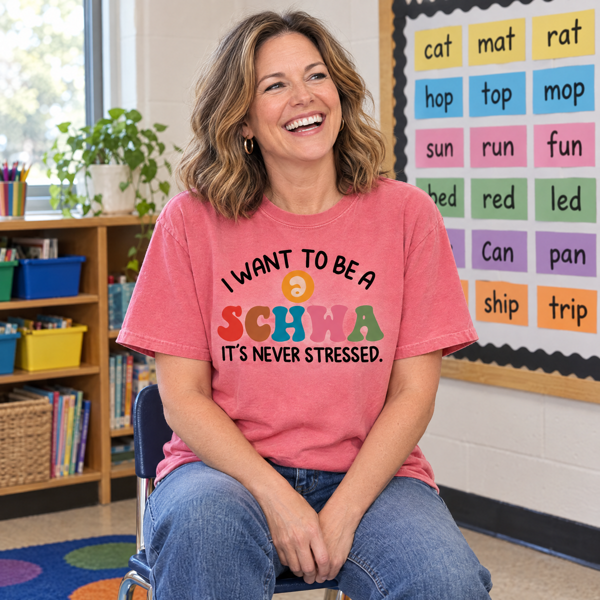I Want To Be A Schwa shirt in Watermelon Comfort Colors, worn by a model