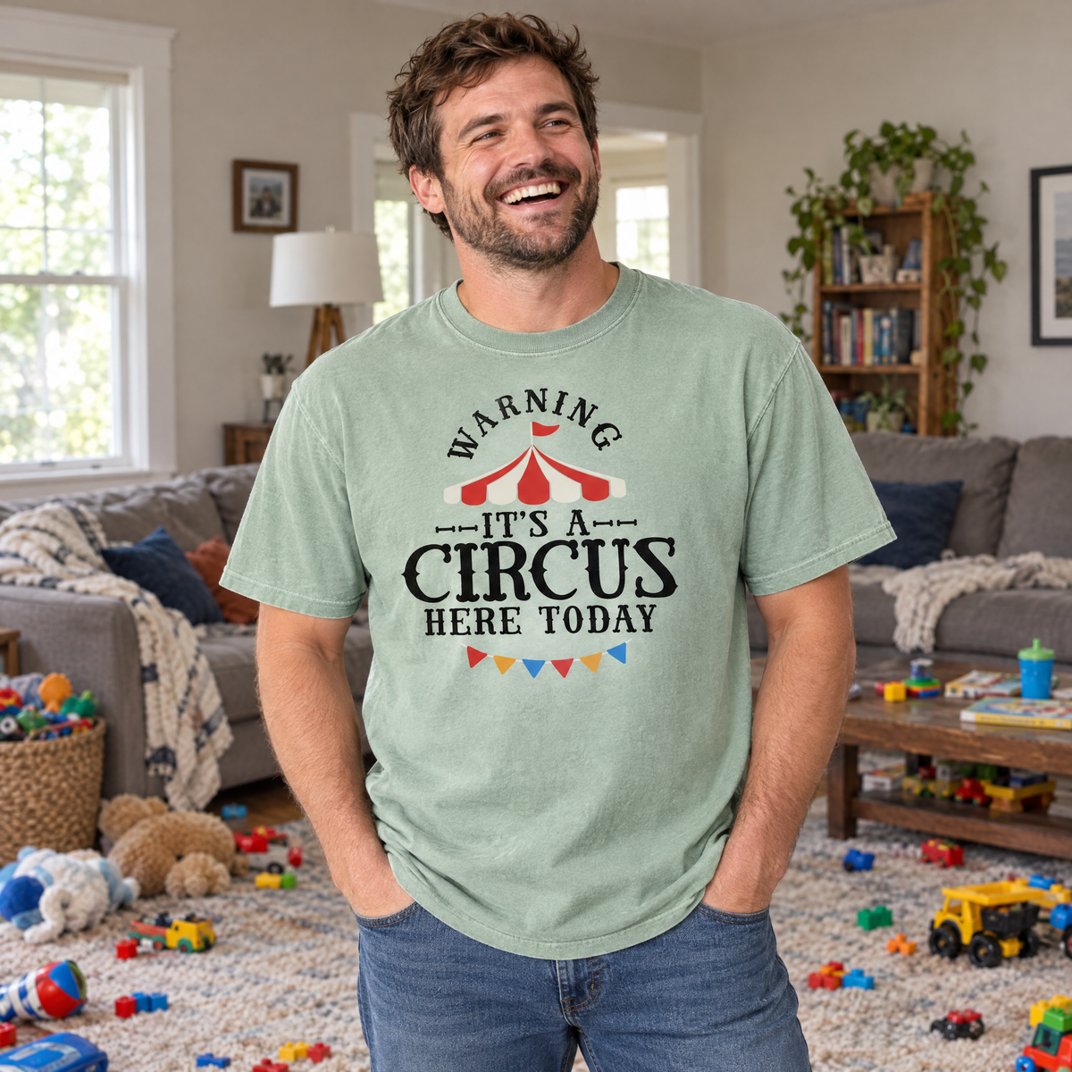 Warning It's A Circus Here Today shirt in Light Green Comfort Colors, worn by a model